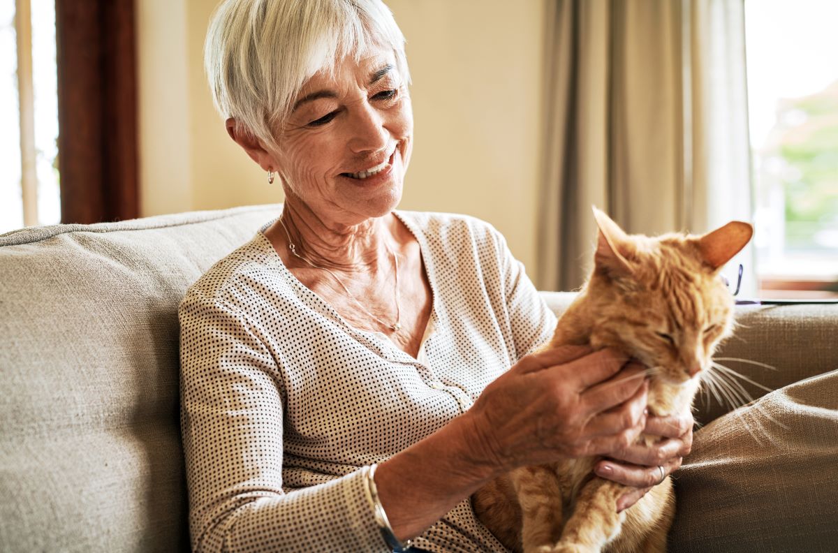 Elderly woman smiling and petting a cat on a couch.