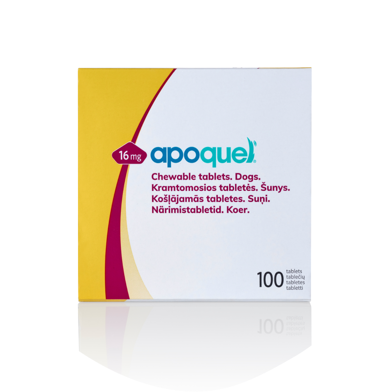 Apoquel 16 mg box for dogs, 100 chewable tablets.