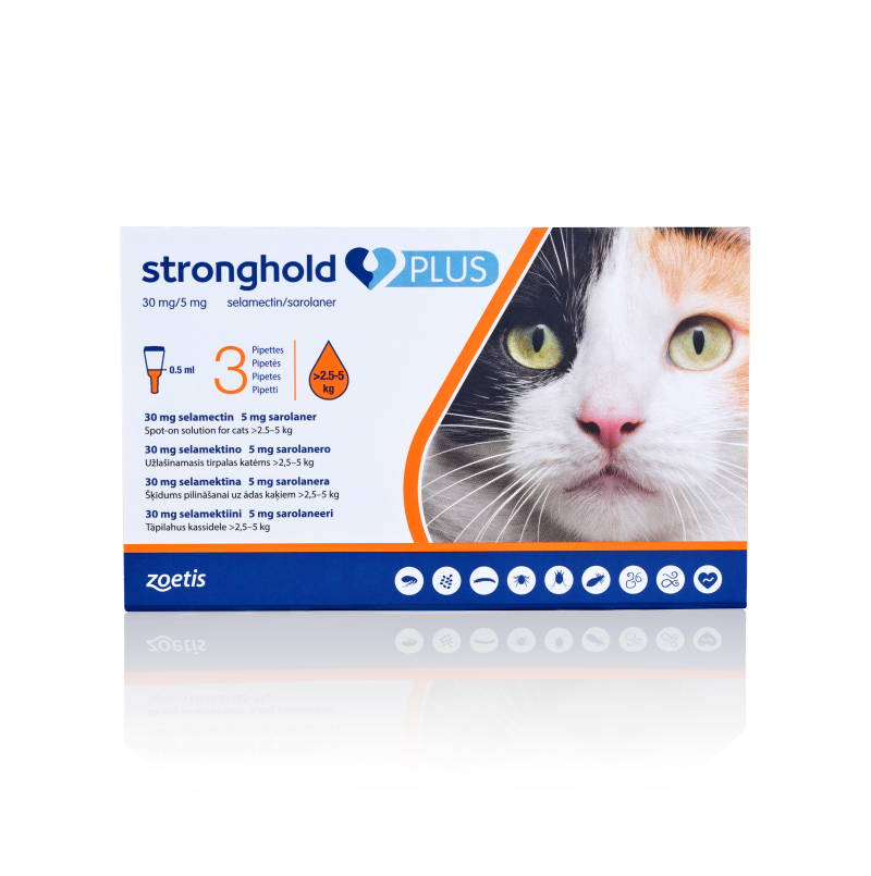 Stronghold Plus cat treatment packaging with cat photo.