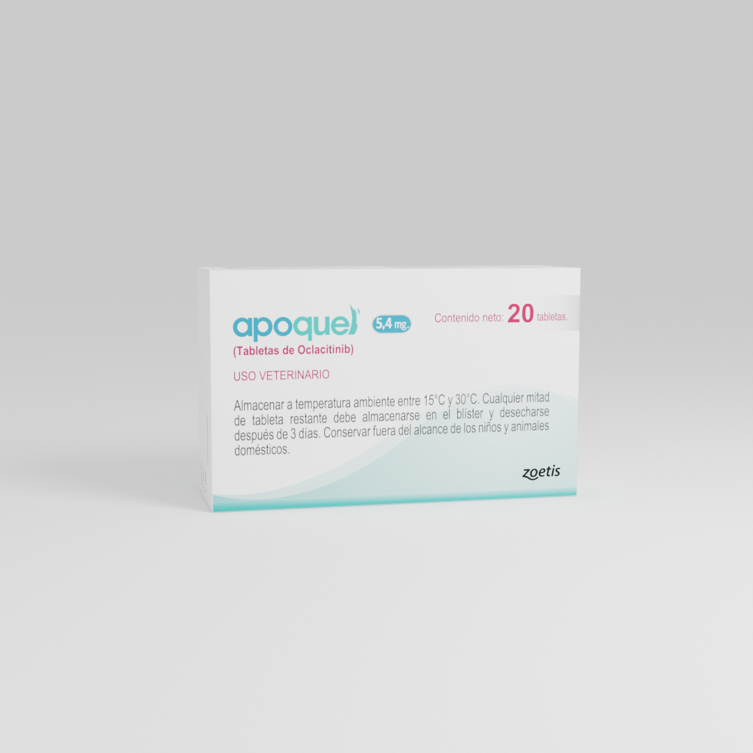 Caja de comprimidos recubiertos con película Apoquel de 5,4 mg para perros.