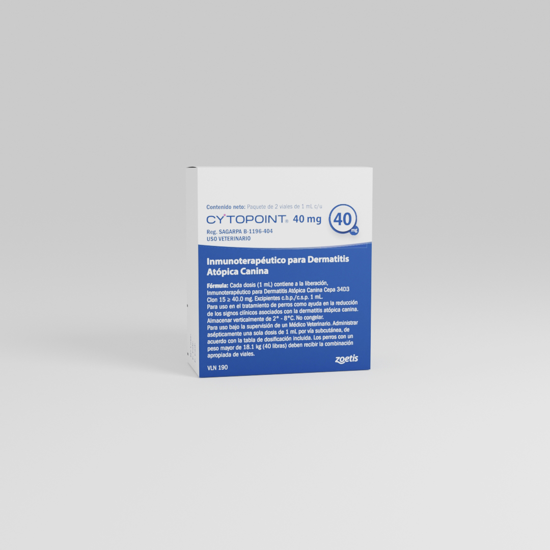 Inmunoterapia Cytopoint 40 mg para dermatitis atópica canina con vial y envase.