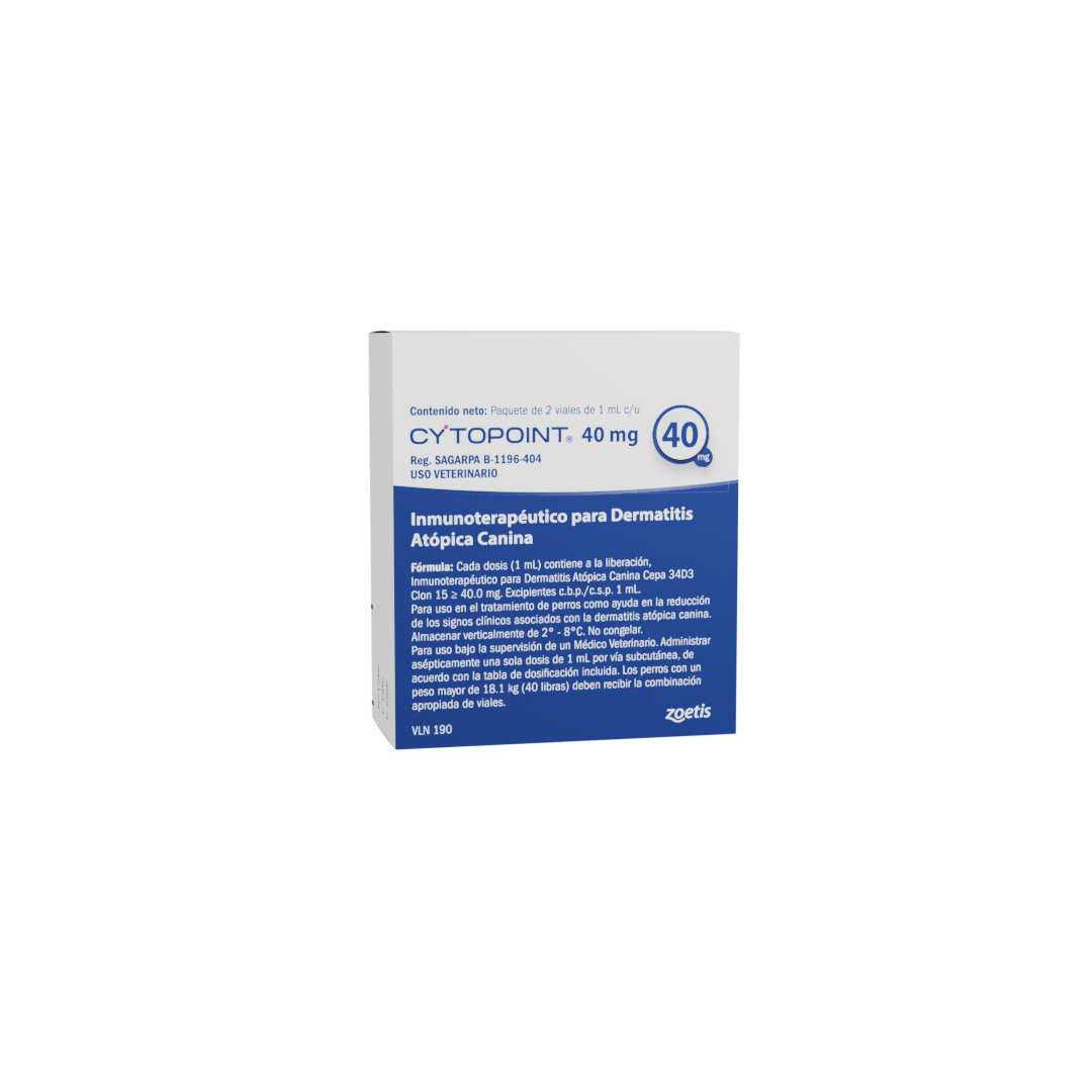 Inmunoterapia Cytopoint 40 mg para dermatitis atópica canina con vial y envase.