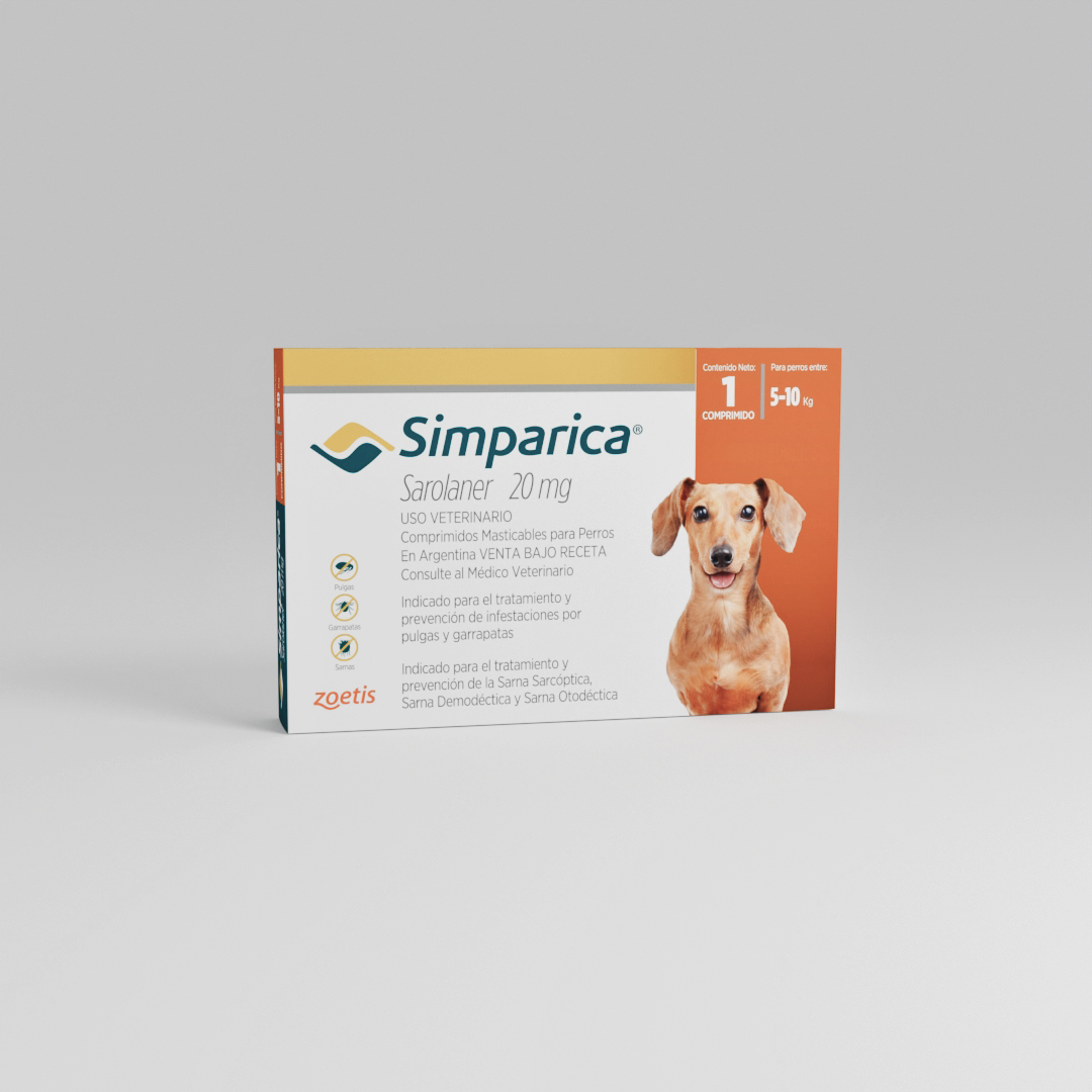 Envase de Simparica para perros de 5 a 10 kg, 3 comprimidos, con imagen de perro.