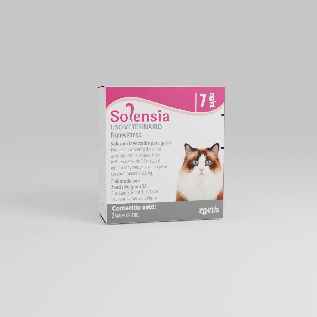 Solución veterinaria Solensia para el dolor de osteoartritis en gatos, 2 viales, con imagen de gato en la caja.