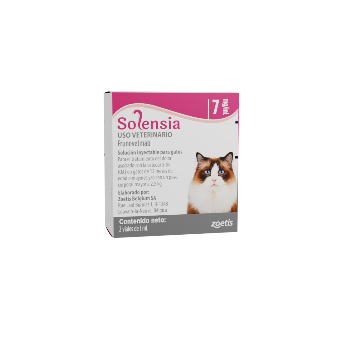 Solución veterinaria Solensia para el dolor de osteoartritis en gatos, 2 viales, con imagen de gato en la caja.