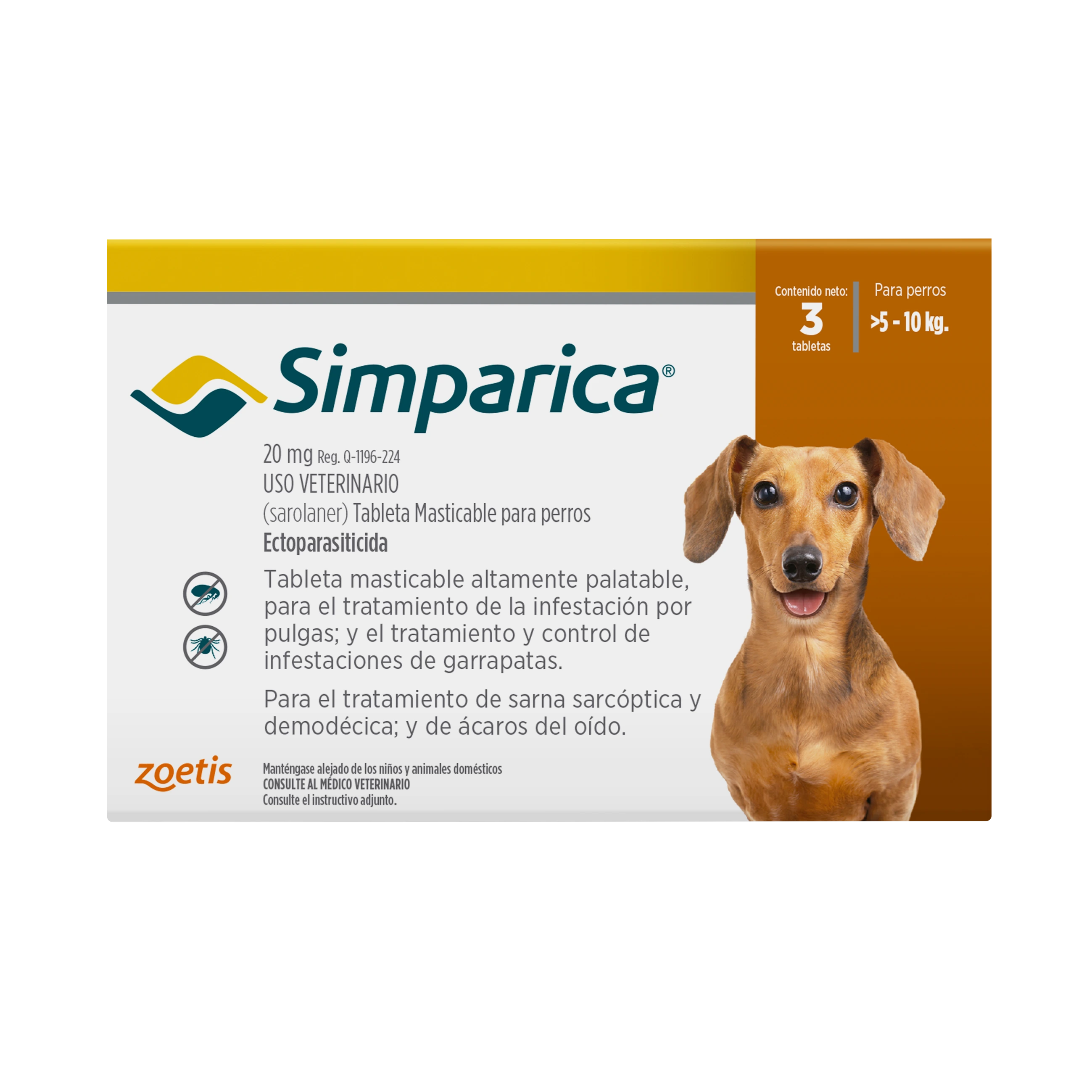 Envase de Simparica para perros de 5 a 10 kg, 3 comprimidos, con imagen de perro.