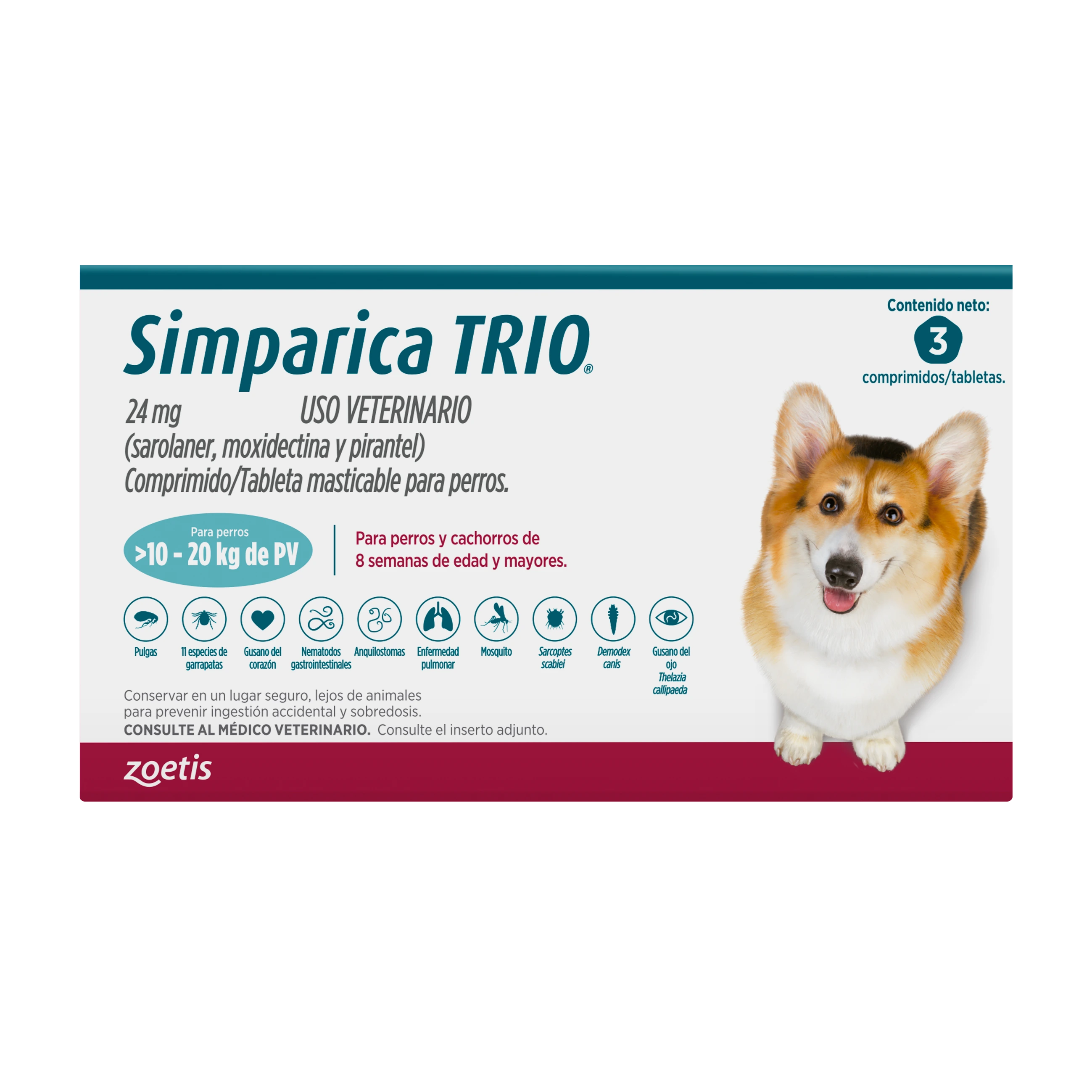 Envase Simparica Trio para perros de 10 a 20 kg