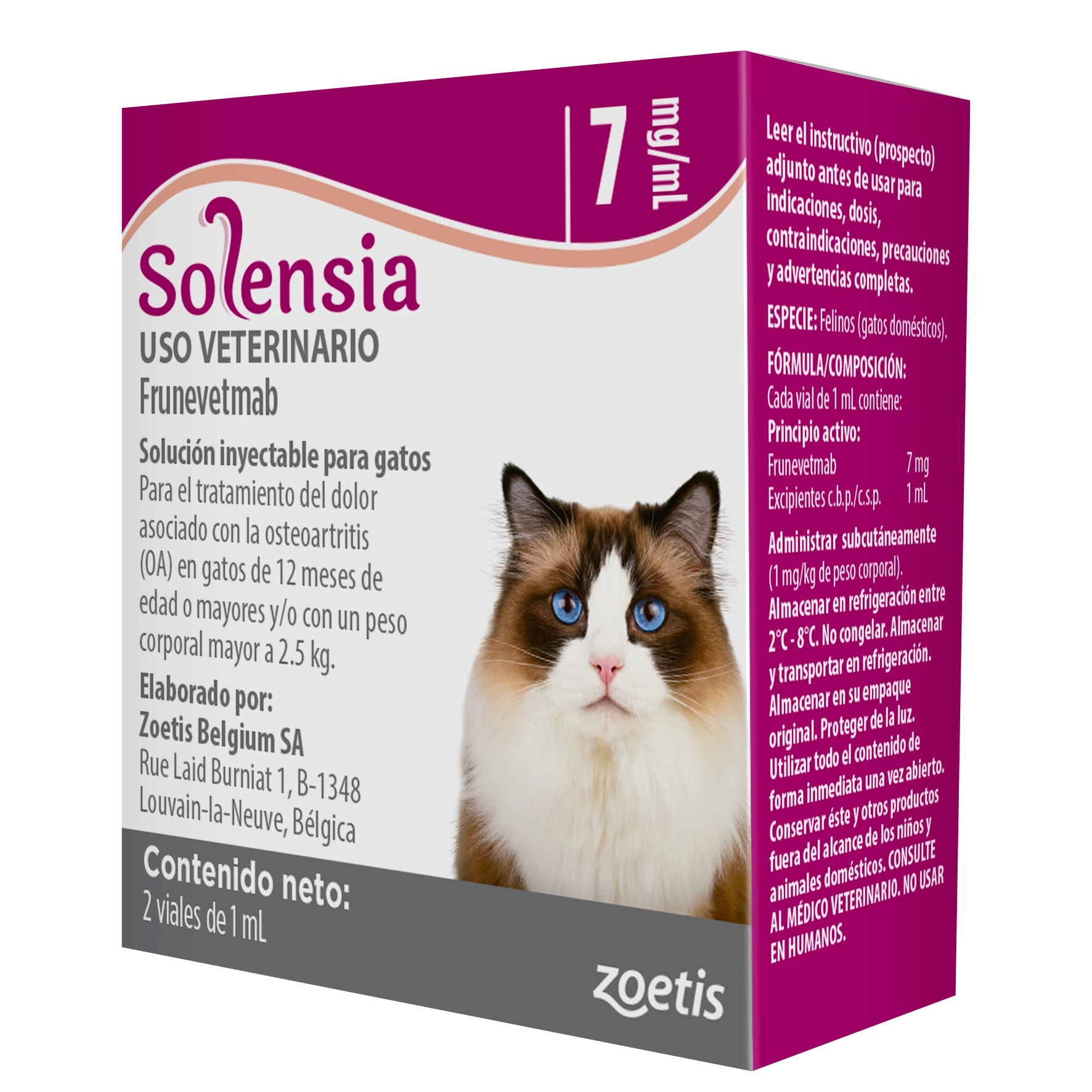 Solución veterinaria Solensia para el dolor de osteoartritis en gatos, 2 viales, con imagen de gato en la caja.