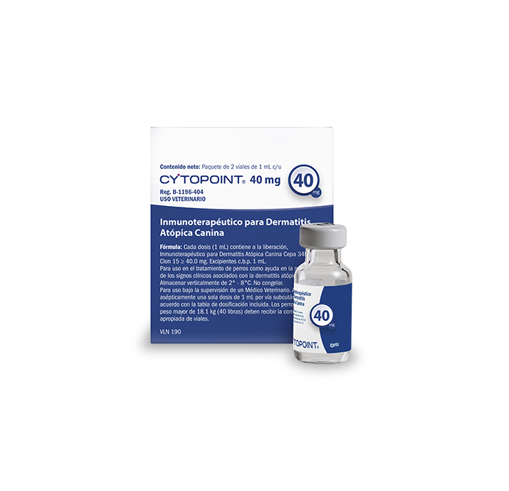 Inmunoterapia Cytopoint 40 mg para dermatitis atópica canina con vial y envase.