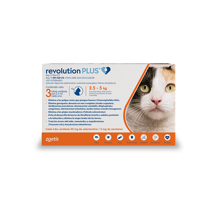Envase del producto Revolution Plus para gatos de 2,5 – 5 kg.