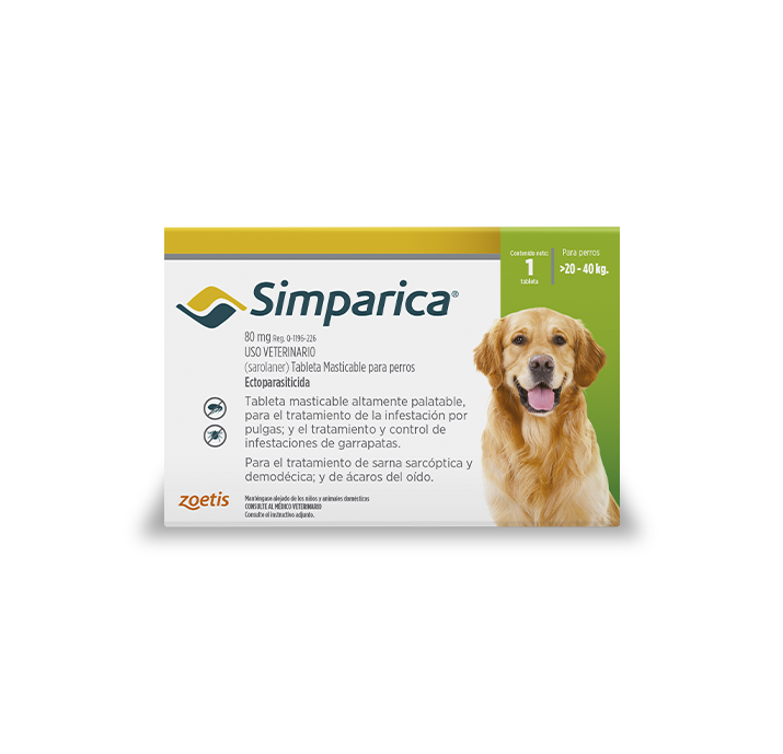 Envase de Simparica para perros de 5 a 10 kg, 3 comprimidos, con imagen de perro.