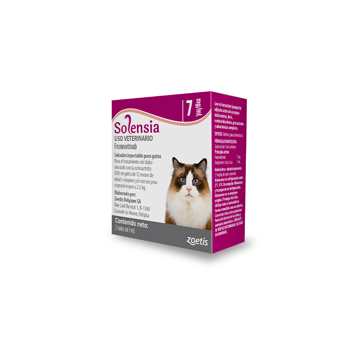 Solución veterinaria Solensia para el dolor de osteoartritis en gatos, 2 viales, con imagen de gato en la caja.