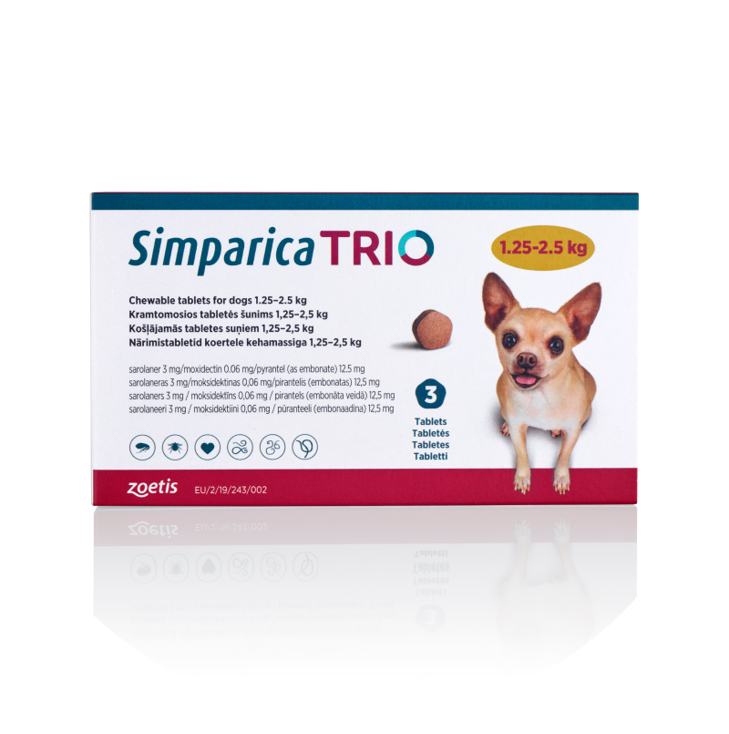 Simparica Trio 1.25-2.5 kg dog tablets package with a Chihuahua image.