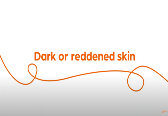 Text "Dark or reddened skin" with orange swirl on white background.