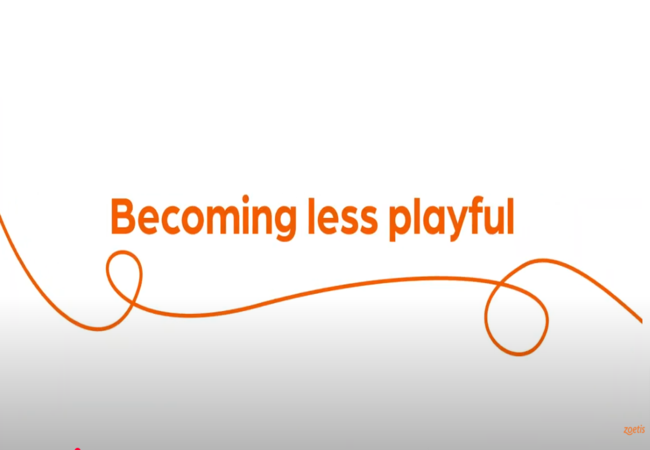 Text "Less playful" with orange swirl on white background.