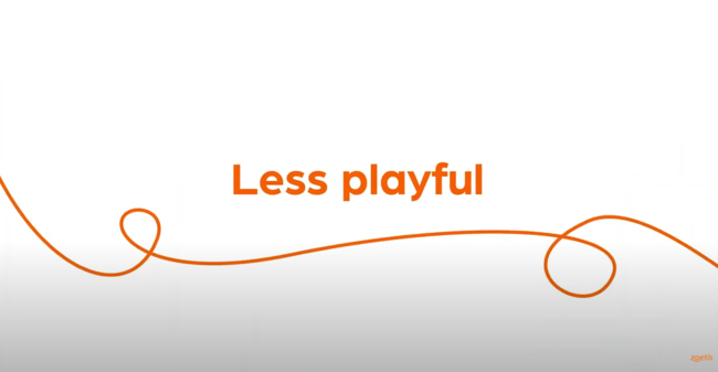 Text "Less playful" with orange swirl on white background.