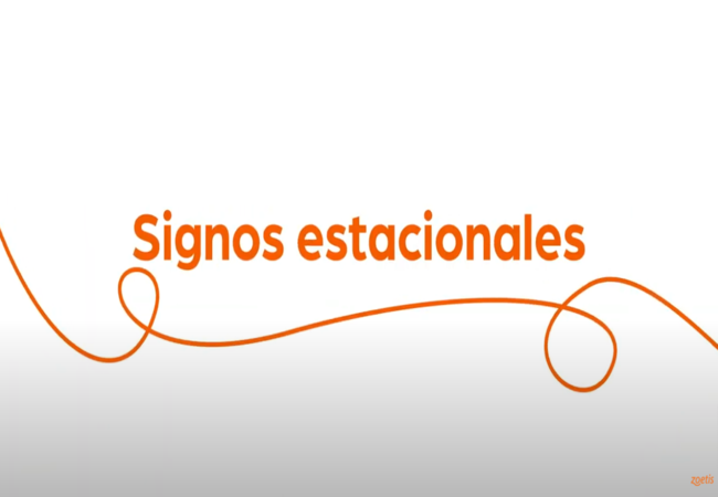 Texto "Signos estacionales" con espiral naranja sobre fondo blanco.