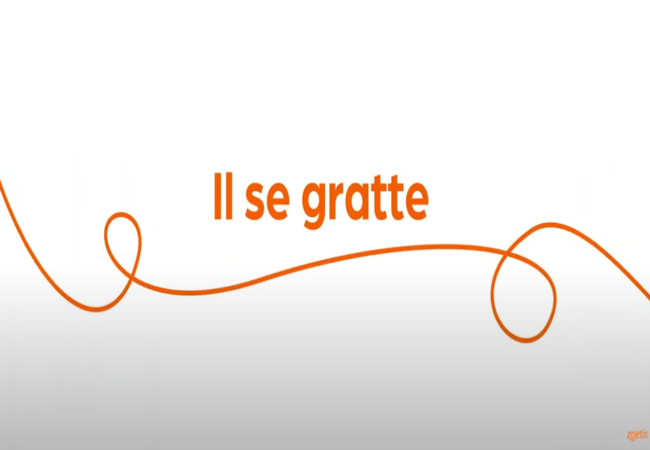 Texte « Il se gratte » avec une spirale orange sur fond blanc.