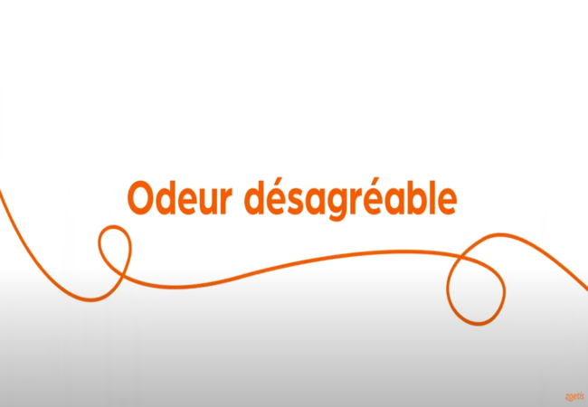 Texte « Odeur désagréable » avec une spirale orange sur fond blanc.