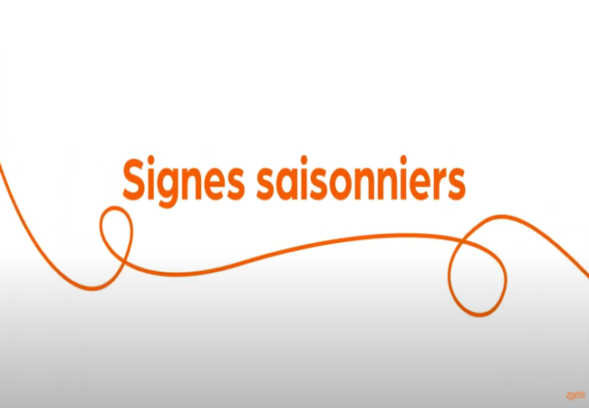 Texte « Signes saisonniers » avec une spirale orange sur fond blanc.