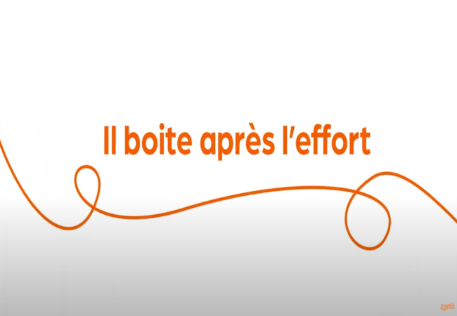 Texte « Il boite après l’effort » avec une spirale orange sur fond blanc.