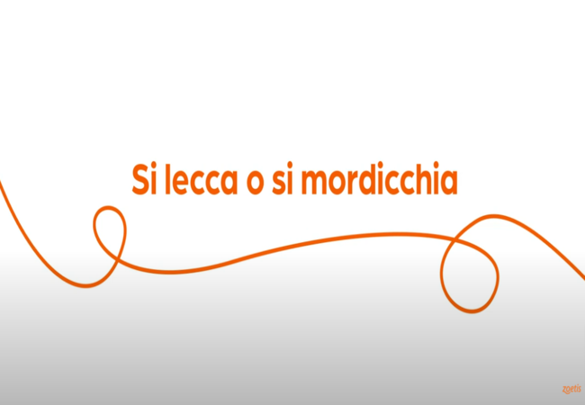 Testo "Si lecca o si mordicchia" con vortice arancione su sfondo bianco.