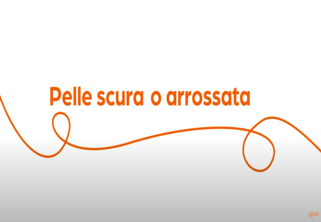 Testo "Pelle scura o arrossata" con vortice arancione su sfondo bianco.