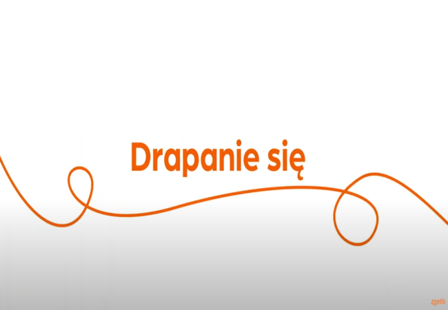 Tekst „Drapanie się” z pomarańczową spiralą na białym tle.