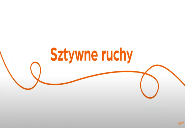 Tekst „Sztywne ruchy” z pomarańczową spiralą na białym tle.
