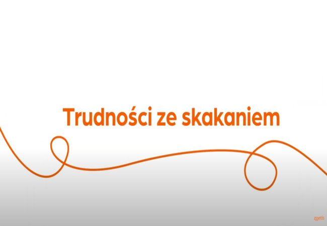 Tekst „Trudności ze skakaniem” z pomarańczową spiralą na białym tle.