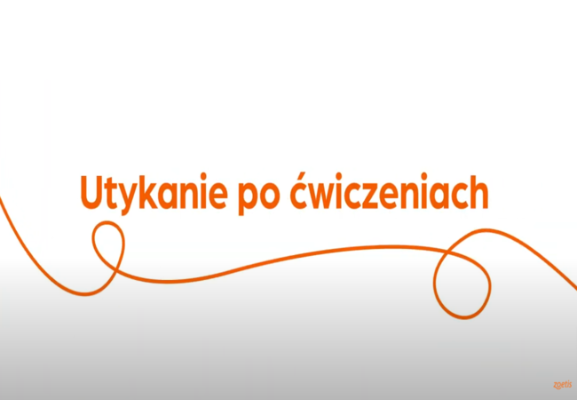 Tekst „Utykanie po ćwiczeniach” z pomarańczową spiralą na białym tle.
