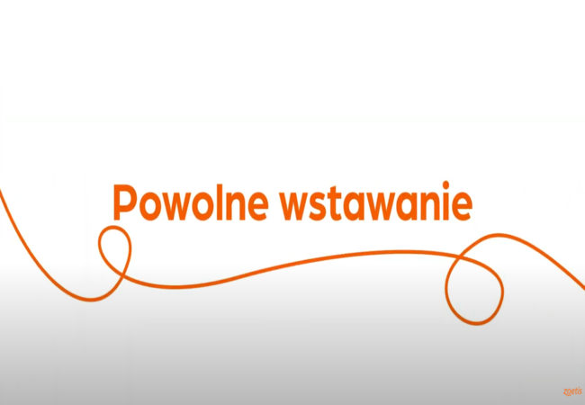 Tekst „Powolne wstawanie” z pomarańczową spiralą na białym tle.