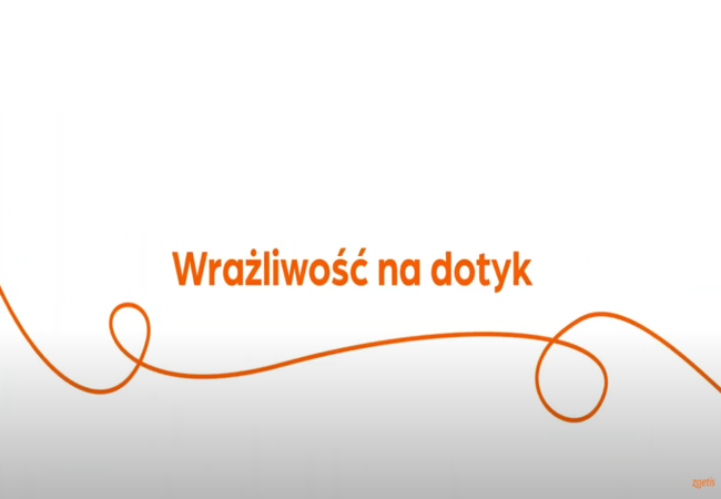 Tekst „Wrażliwość na dotyk” z pomarańczową spiralą na białym tle.