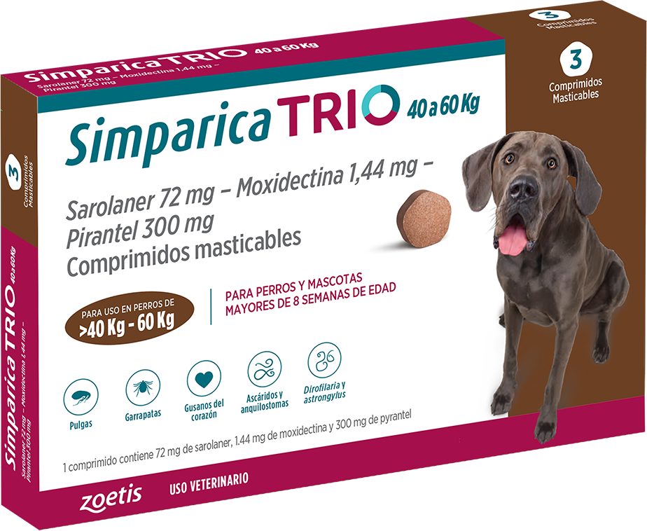 Simparica 80 mg tabletas para perros de 40 a 60 kg con imagen de un golden retriever en el empaque